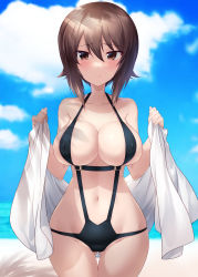 Rule 34 | 1girl, absurdres, bare arms, bare shoulders, black one-piece swimsuit, blue sky, blush, breasts, brown eyes, brown hair, casual one-piece swimsuit, cleavage, closed mouth, cloud, collarbone, covered erect nipples, cowboy shot, day, girls und panzer, gluteal fold, groin, highres, holding, holding towel, kuzuryuu kennosuke, large breasts, looking at viewer, navel, nishizumi maho, one-piece swimsuit, outdoors, short hair, sky, smile, solo, swimsuit, thigh gap, towel, wide hips