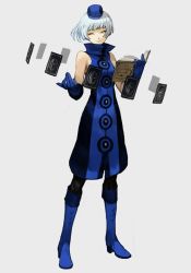Rule 34 | 1girl, atlus, blue gloves, book, boots, card, dress, elizabeth (persona), gloves, half-closed eyes, hat, hungry clicker, open book, pantyhose, persona, persona 3, sega, sleeveless, sleeveless dress, solo, white hair, yellow eyes