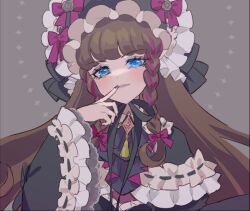 Rule 34 | 1girl, ascot, black ascot, black capelet, black ribbon, blue eyes, bonnet, bow, braid, brown hair, capelet, closed mouth, finger to mouth, frilled capelet, frilled sleeves, frills, grey background, hand up, kurosu aroma, lolita fashion, long hair, long sleeves, looking at viewer, nanceee 305, pretty series, pripara, purple bow, ribbon, simple background, smile, solo, twin braids, upper body, wide sleeves
