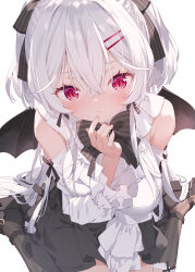 Rule 34 | 1girl, :&lt;, bare shoulders, bat wings, black footwear, black skirt, black wings, bow, breasts, closed mouth, clothing cutout, commentary request, copyright request, finger to mouth, hair between eyes, hair bow, hair ornament, hairclip, hand up, highres, kani biimu, long sleeves, looking at viewer, medium breasts, pleated skirt, red eyes, shirt, shoes, shoulder cutout, simple background, sitting, skirt, socks, solo, striped bow, striped clothes, striped socks, vertical-striped clothes, vertical-striped socks, wariza, white background, white shirt, wings