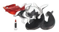 Rule 34 | animal focus, cosmetics, dragon, from side, full body, grey eyes, lipstick tube, looking ahead, monsterification, no humans, omarumaru, original, profile, reference inset, simple background, solo, tail, tail support, white background
