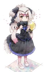 Rule 34 | 1girl, bare shoulders, bird tail, bird wings, black hair, blush, bow, bowtie, bubble skirt, commentary request, detached sleeves, egg, full body, fur collar, fur trim, golden egg, hair ornament, head chain, head wings, high heels, highres, jewelry, kemono friends, kolshica, long skirt, multicolored hair, ostrich (kemono friends), pantyhose, red hair, short hair, skirt, solo, star (symbol), tail, white hair, wings, yellow eyes