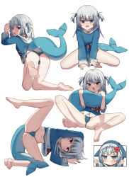 Rule 34 | 1girl, absurdres, animal hood, bare legs, barefoot, bikini, blue bikini, blue eyes, blue hair, blue hoodie, blush, chibi, feet, fins, fish tail, from above, from behind, full body, gawr gura, gawr gura (1st costume), highres, hololive, hololive english, holomyth, hood, hoodie, leg up, legs, looking at viewer, medium hair, miaoema, multicolored hair, open mouth, shark girl, shark tail, solo, spread legs, streaked hair, swimsuit, tail, teeth, toes, two side up, virtual youtuber, white background, white hair
