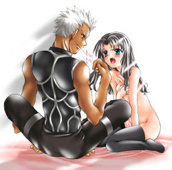 Rule 34 | 00s, 1boy, 1girl, archer (fate), black thighhighs, blush, clothed male nude female, dark-skinned male, dark skin, fang, fate/stay night, fate (series), lowres, nude, thighhighs, tohsaka rin