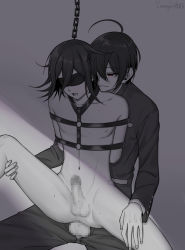 Rule 34 | 2boys, ahoge, anal, artist name, bdsm, blindfold, bound, censored, chain, chained, chest harness, collarbone, commentary request, danganronpa (series), danganronpa v3: killing harmony, ewa (seraphhuiyu), harness, highres, jacket, leg lift, male focus, male penetrated, medium hair, mosaic censoring, multiple boys, nude, o-ring, o-ring top, oma kokichi, open fly, open mouth, pants, penis, saihara shuichi, saliva, sex, short hair, spread legs, yaoi