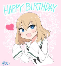 Rule 34 | 10s, 1girl, alternate costume, artist name, blue eyes, commentary request, dated, english text, fang, floral background, girls und panzer, hair between eyes, hairband, happy birthday, heart, katyusha (girls und panzer), long sleeves, neckerchief, ooarai school uniform, open mouth, oversized clothes, pink background, school uniform, serafuku, signature, sleeves past wrists, smile, solo, translated, yamato nadeshiko