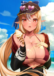 Rule 34 | 1girl, absurdres, anchor symbol, baseball cap, beach, bikini, bikini under clothes, black hat, black jacket, blonde hair, blue bow, blue sky, bow, breasts, cleavage, cloud, cosplay, dark-skinned female, dark skin, day, dripping, elf, eyewear on headwear, food, food on body, food on breasts, hand on own chest, hat, heart, heart-shaped eyewear, heart necklace, highres, holding, holding food, holding ice cream, hololive, horizon, houshou marine, houshou marine (cosplay), houshou marine (summer), ice cream, jacket, jewelry, large breasts, lens flare, long hair, looking at viewer, micro bikini, multicolored hair, necklace, ocean, open clothes, open jacket, open mouth, outdoors, pointy ears, ponytail, red bikini, red eyes, shiranui flare, sky, solo, streaked hair, suggestive fluid, sunglasses, swimsuit, underboob, unzipped, very long hair, virtual youtuber, water, white hair, yudame, zipper pull tab