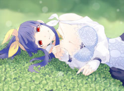 Rule 34 | 1girl, blue dress, blue hair, bow, breasts, cleavage, clover, collarbone, detached sleeves, dizzy (guilty gear), dress, grass, guilty gear, guilty gear 2, hair bow, head tilt, jewelry, large breasts, long sleeves, looking at viewer, lying, mosasa, necklace, on side, pale skin, ponytail, puffy long sleeves, puffy sleeves, red eyes, smile, solo, tareme, yellow bow