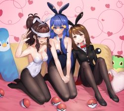 Rule 34 | 3girls, ;d, animal ears, black jacket, black legwear, black leotard, black neckwear, blue eyes, blue hair, bow, bowtie, breasts, brown eyes, brown hair, cleavage, closed mouth, collared shirt, commentary request, covered navel, creatures (company), dawn (pokemon), detached collar, fake animal ears, game freak, gen 4 pokemon, heart, highres, hilda (pokemon), jacket, kneeling, large breasts, leotard, long hair, looking at viewer, lordol, may (pokemon), multiple girls, necktie, nintendo, no shoes, one eye closed, open mouth, pantyhose, piplup, playboy bunny, poke ball, poke ball (basic), pokemon, pokemon (creature), pokemon bw, pokemon dppt, pokemon oras, rabbit ears, red bow, shirt, sitting, smile, strapless, strapless leotard, sweatdrop, traditional bowtie, turtwig, w, white leotard, white shirt