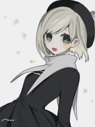 Rule 34 | 1girl, blonde hair, blush, collared dress, dress, flower, green eyes, hat, high collar, highres, long sleeves, looking at viewer, maco22, open mouth, original, short hair, smile, solo, tam o&#039; shanter