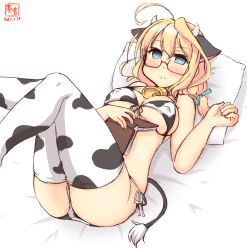 Rule 34 | 1girl, alternate costume, animal ears, animal print, artist logo, bikini, blonde hair, blue eyes, breasts, commentary request, cow ears, cow horns, cow print, cow tail, dated, fake animal ears, fake horns, glasses, highres, horns, i-8 (kancolle), kanon (kurogane knights), kantai collection, large breasts, looking at viewer, low twintails, lying, pillow, red-framed eyewear, semi-rimless eyewear, side-tie bikini bottom, simple background, smile, solo, swimsuit, tail, thighhighs, twintails, under-rim eyewear, white background, white bikini, white thighhighs