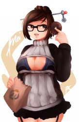 Rule 34 | 1girl, bag, beads, breasts, brown eyes, brown hair, casual, character name, cleavage, cleavage cutout, clothing cutout, doughnut, food, garter straps, glasses, hair bun, hair ornament, hair stick, hairpin, large breasts, mei (overwatch), meme attire, miniskirt, open-chest sweater, overwatch, overwatch 1, paper bag, rumi cha, short hair, single hair bun, skirt, solo, sweater