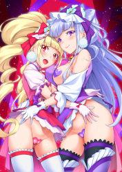 Rule 34 | 10s, 2girls, :d, aisaki emiru, bare shoulders, blonde hair, blue hair, blunt bangs, blush, bow, breasts, breasts out, cameltoe, cleft of venus, covered erect nipples, cure amour, cure macherie, detached sleeves, double bun, dress, earrings, eyelashes, eyes visible through hair, frills, gloves, groin, hair bow, hair bun, hand on another&#039;s hip, heart maebari, heart pasties, height difference, hug, hugtto! precure, jewelry, lips, lipstick, long hair, looking at viewer, maebari, magical girl, makeup, medium breasts, multiple girls, one breast out, open mouth, pasties, precure, puffy detached sleeves, puffy short sleeves, puffy sleeves, purple background, purple eyes, red background, red eyes, ruru amour, short sleeves, sidelocks, skirt, smile, sugarbeat, thighhighs, twintails, very long hair, white gloves