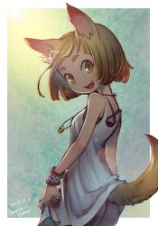 Rule 34 | 1girl, animal ears, ass, backlighting, blonde hair, dated, dog ears, dog tail, fang, female focus, from behind, green eyes, jewelry, kiitos, looking back, necklace, open mouth, original, short hair, signature, solo, tail
