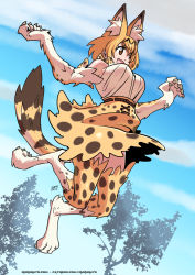 Rule 34 | 1girl, :d, animal ear fluff, animal ears, animal hands, bare shoulders, belt, blonde hair, blue sky, claws, commentary, day, english commentary, extra ears, fang, full body, fur, high-waist skirt, highres, jumping, kemono friends, kukuruyo, looking away, monster girl, open mouth, orange eyes, outdoors, print neckwear, print skirt, print thighhighs, serval (kemono friends), serval print, serval tail, shirt, short hair, signature, skirt, sky, smile, solo, tail, thighhighs, tree, watermark, web address, white shirt