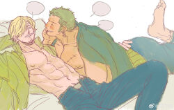 Rule 34 | 2boys, abs, absurdres, bara, bare pectorals, blank speech bubble, blonde hair, blush, couple, curly eyebrows, facial hair, feet up, from above, goatee, green hair, hair over one eye, highres, large pectorals, long sideburns, male focus, multiple boys, muscular, muscular male, navel, nipples, one piece, open fly, pectorals, roronoa zoro, sanji (one piece), scar, scar across eye, short hair, sideburns, speech bubble, sweetdou3, toned, toned male, unfinished, yaoi