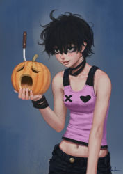 Rule 34 | 1girl, black eyes, black hair, bracelet, breasts, choker, collarbone, eyeliner, gohpot, highres, jack-o&#039;-lantern, jewelry, knife, makeup, messy hair, navel, original, parted lips, short hair, signature, slouching, small breasts, solo, tank top, upper body