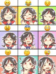 Rule 34 | &gt; &lt;, 1girl, :d, ?, black hair, blush, closed eyes, cone horns, expressions, flying sweatdrops, frown, grey horns, heart, horns, imokichi, kijin seija, multicolored hair, multiple views, musical note, one eye closed, open mouth, quaver, red eyes, red hair, smile, smiley face, streaked hair, surprised, sweatdrop, tears, teeth, tongue, tongue out, touhou, white hair, xd
