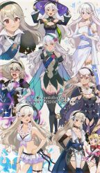 Rule 34 | absurdres, angry, aura, bikini, bikini skirt, blonde hair, breasts, cape, cleavage, corrin (female) (adrift) (fire emblem), corrin (female) (fire emblem), corrin (female) (halloween) (fire emblem), corrin (female) (ninja) (fire emblem), corrin (female) (resplendent) (fire emblem), corrin (female) (summer) (fire emblem), corrin (fire emblem), elise (fire emblem), elise (ninja) (fire emblem), fangs, fire emblem, fire emblem fates, fire emblem heroes, flower, flower necklace, glowing, glowing eyes, grey hair, hair flower, hair ornament, hairband, hat, highres, jewelry, long hair, medium breasts, multiple persona, necklace, nintendo, official alternate costume, pointy ears, pomme (lazzledazzle), red eyes, smile, swimsuit, thighhighs, very long hair, water, witch hat