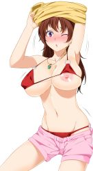Rule 34 | 1girl, :o, armpits, arms up, bikini, blush, borrowed character, breasts, brown hair, colored eyelashes, colorized, covered erect nipples, earrings, embarrassed, female focus, full-face blush, gaston18, highres, hoop earrings, jewelry, large breasts, long hair, navel, nipple slip, nipples, o-ring, o-ring bikini, o-ring bottom, o-ring top, one eye closed, open mouth, original, pendant, pink shorts, purple eyes, red bikini, shorts, simple background, solo, swimsuit, undressing, wardrobe malfunction, white background