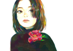 Rule 34 | 1girl, absurdres, acrylic paint (medium), brown eyes, brown hair, flower, highres, junjunforever, lips, looking to the side, multicolored eyes, multicolored hair, original, painting (medium), parted bangs, portrait, short hair, simple background, solo, traditional media, turtleneck, white background