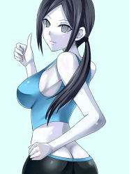 Rule 34 | 1girl, ass, bare shoulders, black hair, breasts, butt crack, capri pants, colored skin, empty eyes, from behind, grey eyes, hand on own hip, large breasts, long hair, looking at viewer, looking back, nintendo, nishida megane, pale skin, pants, ponytail, smile, solo, spandex, super smash bros., tank top, thumbs up, white skin, wii fit, wii fit trainer, wii fit trainer (female)