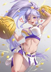 Rule 34 | 1girl, absurdres, alternate costume, armpits, belly, breasts, cheerleader, commission, commissioner upload, electricity, fire emblem, fire emblem: genealogy of the holy war, fire emblem heroes, hair ornament, heart, highres, holding, iria (yumeirokingyo), ishtar (fire emblem), jewelry, long hair, looking at viewer, midriff, nintendo, open mouth, pom pom (cheerleading), purple eyes, purple hair, shoes, simple background, skirt, smile, sneakers, solo, very long hair