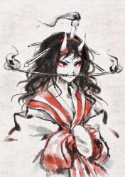Rule 34 | 1other, androgynous, black hair, candle, commentary request, fire, hairband, headband, hemo (hemoroda), horns, japanese clothes, kimono, len&#039;en, long hair, other focus, red eyes, red hairband, red headband, red ribbon, ribbon, simple background, solo, spot color, taira no chouki, white background