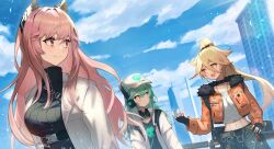 Rule 34 | 3girls, animal ears, antonina (neural cloud), aqua hair, baseball cap, black gloves, blonde hair, breasts, building, cloud, cloudy sky, collarbone, commentary request, fingerless gloves, fur-trimmed jacket, fur trim, girls&#039; frontline, girls&#039; frontline neural cloud, gloves, hair between eyes, hat, headphones, highres, jacket, jewelry, lab coat, large breasts, long hair, looking at another, looking back, midriff, multiple girls, navel, necklace, open clothes, open jacket, open mouth, orange eyes, orange jacket, outdoors, persicaria (neural cloud), pink eyes, pink hair, ponytail, ribbed sweater, shirt, skull print, sky, smile, sol (neural cloud), sweater, talking, white headwear, white shirt, yellow eyes, zakkuri