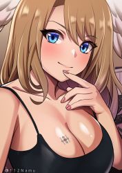 Rule 34 | 1girl, alternate costume, bare shoulders, blue eyes, blush, breast tattoo, breasts, cleavage, collarbone, eunie (xenoblade), gradient background, hand on own chest, hand on own chin, head wings, highres, large breasts, long hair, looking at viewer, namu (112namu), sideboob, smile, solo, spaghetti strap, tank top, tattoo, white wings, wings, xenoblade chronicles (series), xenoblade chronicles 3