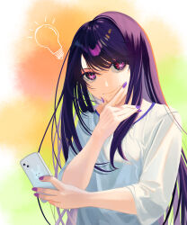Rule 34 | 1girl, absurdres, aki -aki-, cellphone, closed mouth, commentary request, hand on own chin, highres, holding, holding phone, hoshino ai (oshi no ko), light bulb, long hair, long sleeves, nail polish, oshi no ko, partial commentary, phone, purple eyes, purple hair, purple nails, shirt, sidelocks, smartphone, solo, star-shaped pupils, star (symbol), swept bangs, symbol-shaped pupils, thinking, white shirt