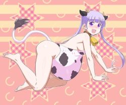 Rule 34 | 1girl, all fours, animal ears, animal print, blush, cow ears, cow horns, cow print, cow tail, cowbell, horns, long hair, looking at viewer, new game!, open mouth, pregnant, purple eyes, purple hair, solo, suzukaze aoba, tail, tenseiani, twintails, very long hair