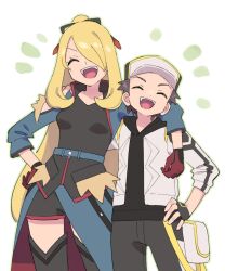 Rule 34 | 1boy, 1girl, arm over shoulder, black gloves, blonde hair, boots, breasts, closed eyes, creatures (company), cynthia (pokemon), cynthia (sygna suit) (aura) (pokemon), fingerless gloves, game freak, gloves, hair over one eye, hand on own hip, hat, highres, jacket, long hair, nintendo, open clothes, open jacket, open mouth, pokemon, pokemon masters ex, pumpkinpan, red (pokemon), red (sygna suit) (thunderbolt) (pokemon), red gloves, simple background, small breasts, teeth, thigh boots, upper teeth only, very long hair, white background