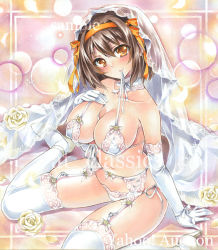 Rule 34 | 1girl, artist name, at classics, bare shoulders, blush, bra, breasts, bridal veil, brown eyes, brown hair, cleavage, closed mouth, elbow gloves, flower, garter belt, gloves, hair between eyes, hairband, hand on own chest, high heels, large breasts, lingerie, looking at viewer, mouth hold, navel, neck ribbon, panties, ribbon, sample watermark, short hair, sitting, smile, solo, stomach, suzumiya haruhi, suzumiya haruhi no yuuutsu, thighhighs, traditional media, underwear, underwear only, veil, wariza, watermark, white bra, white flower, white gloves, white panties, white ribbon, white thighhighs