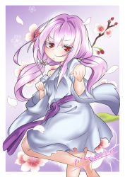 Rule 34 | 1girl, barefoot, breasts, cherry blossoms, contrapposto, duel monster, floral background, flower, ghost reaper &amp; winter cherries, hair flower, hair ornament, japanese clothes, kimono, looking at viewer, looking back, new pinko (yu-ji-oh), petals, pink hair, red eyes, signature, small breasts, solo, torn clothes, torn kimono, twintails, white kimono, yu-gi-oh!
