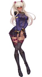 Rule 34 | 00s, 1girl, adjusting clothes, black lilith, blonde hair, boots, breasts, covering privates, covering crotch, curvy, dark-skinned female, dark skin, embarrassed, female focus, full body, game cg, hair ornament, highres, kagami hirotaka, kangoku senkan, kangoku senkan 3, kila kushan, large breasts, lilith-soft, lips, long hair, looking back, military, military uniform, miniskirt, moaning, nervous, nipples, pink eyes, shiny skin, skirt, solo, standing, sweat, tachi-e, thighs, transparent background, twintails, uniform, very long hair, wavy hair, wide hips