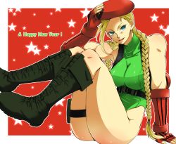 Rule 34 | 1girl, antenna hair, bad id, bad pixiv id, beret, blonde hair, blue eyes, boots, braid, breasts, cammy white, cleavage, elbow gloves, fingerless gloves, full body, gloves, hair over shoulder, happy new year, harness, hat, highleg, highleg leotard, knee boots, large breasts, legs together, leotard, long hair, new year, outside border, pouch, red gloves, sitting, skin tight, solo, street fighter, street fighter v, takehana, thigh pouch, twin braids