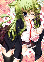 Rule 34 | 1girl, alternate costume, animal ears, bad id, bad pixiv id, bespectacled, black thighhighs, blue eyes, blush, bra, cat ears, cat girl, cat tail, clothes pull, female focus, frog, glasses, green hair, hair ornament, hair ribbon, jacket, kemonomimi mode, kochiya sanae, lingerie, long hair, mouth hold, one eye closed, ooji cha, open clothes, open jacket, open shirt, plaid, plaid bra, plaid skirt, ribbon, ribbon in mouth, school uniform, shirt, shirt pull, skirt, solo, tail, thighhighs, touhou, underwear, wink, zettai ryouiki