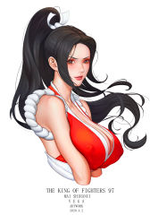 Rule 34 | 1girl, absurdres, artist request, bare shoulders, black hair, breasts, character name, cleavage, collarbone, commentary, copyright name, covered erect nipples, dated, eyelashes, fatal fury, highres, japanese clothes, large breasts, lips, long hair, looking at viewer, makeup, ninja, parted bangs, parted lips, ponytail, rope, shiranui mai, sidelocks, simple background, smile, solo, the king of fighters, white background