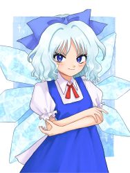 Rule 34 | 1girl, blue bow, blue dress, blue eyes, blue hair, bow, chunmarupi, cirno, closed mouth, collared shirt, crossed arms, dress, hair bow, highres, ice, ice wings, looking at viewer, pinafore dress, shirt, short hair, short sleeves, simple background, sleeveless dress, solo, touhou, v-shaped eyebrows, white background, wings, zun (style)
