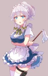 Rule 34 | 1girl, 60mai, alternate hairstyle, apron, arms under breasts, blouse, blue dress, blue eyes, blush, bow, braid, breast hold, breasts, commentary request, cowboy shot, dress, duster, frilled apron, frills, green bow, green ribbon, grey background, hair bow, holding, holster, izayoi sakuya, large breasts, maid, maid headdress, neck ribbon, open mouth, petticoat, ponytail, ribbon, shirt, short dress, short sleeves, side braid, silver hair, simple background, solo, standing, thigh holster, thighhighs, thighs, touhou, twin braids, v-shaped eyebrows, waist apron, white apron, white shirt, white thighhighs, wing collar, zettai ryouiki