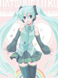 Rule 34 | 1girl, 325, ahoge, blue eyes, blue hair, detached sleeves, female focus, hatsune miku, heart, long hair, matching hair/eyes, musical note, necktie, pale color, rainbow, skirt, smile, solo, thighhighs, twintails, very long hair, vocaloid