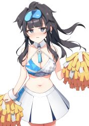 Rule 34 | 1girl, absurdres, animal ears, bare shoulders, black hair, blue archive, blue eyes, blunt bangs, blush, breasts, bright pupils, cheerleader, cleavage, collarbone, cowboy shot, daocheng, detached collar, dog ears, dog girl, dog tail, goggles, goggles on head, halterneck, hibiki (blue archive), hibiki (cheer squad) (blue archive), highres, jitome, long hair, looking at viewer, medium breasts, midriff, millennium cheerleader outfit (blue archive), miniskirt, navel, pom pom (cheerleading), ponytail, sidelocks, simple background, skirt, solo, tail, white background, white skirt