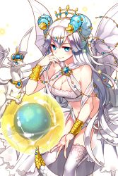 Rule 34 | 1girl, ball, blue eyes, bracelet, breasts, cleavage, crown, dragon, dragon horns, elizabeth (soccer spirits), gl ztoh, grin, hair ornament, hand on own cheek, hand on own face, highres, horns, jewelry, long hair, looking at viewer, medium breasts, navel, official art, single horn, smile, soccer ball, soccer spirits, tail, transparent background, white hair, white legwear, wings