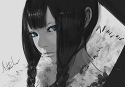 Rule 34 | 1girl, blue eyes, braid, expressionless, eyelashes, front braid, fur collar, grey background, greyscale, hair over shoulder, lips, looking at viewer, monochrome, original, palow, portrait, signature, solo, spot color, twin braids
