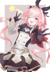 Rule 34 | 1boy, astolfo (fate), astolfo (saber) (fate), astolfo (saber) (third ascension) (fate), black bow, black gloves, black ribbon, blush, bow, bowtie, commentary request, fang, fate/grand order, fate (series), gloves, hair bow, hair intakes, hair ribbon, highres, long hair, long sleeves, looking at viewer, male focus, multicolored hair, one eye closed, pink background, pink hair, poyano, purple eyes, ribbon, simple background, skin fang, smile, solo, star (symbol), streaked hair, trap, twintails, w, white background, white hair