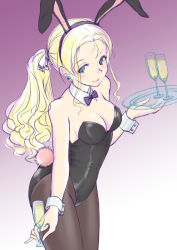 Rule 34 | 1girl, alternate hairstyle, animal ears, ayongu (gayogayo), black bow, black bowtie, black leotard, black pantyhose, blonde hair, bow, bowtie, breasts, champagne flute, closed mouth, commentary, cowboy shot, cup, detached collar, drill hair, drinking glass, earrings, fake animal ears, fake tail, girls und panzer, giving, gradient background, green eyes, hair ribbon, highres, holding, holding cup, holding tray, jewelry, leotard, long hair, looking at viewer, marie (girls und panzer), medium breasts, pantyhose, playboy bunny, ponytail, purple background, rabbit ears, rabbit tail, ribbon, smile, solo, standing, strapless, strapless leotard, tail, tray, white ribbon, wing collar, wrist cuffs