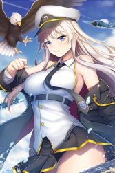 Rule 34 | 1girl, aircraft, airplane, animal, azur lane, bald eagle, bare shoulders, bird, black necktie, black skirt, blonde hair, blue eyes, blue sky, breasts, closed mouth, clothes lift, cloud, coat, collared shirt, commentary request, day, eagle, enterprise (azur lane), guardian-panda, hat, highres, jpeg artifacts, large breasts, long hair, looking at viewer, miniskirt, necktie, off shoulder, open clothes, open coat, outdoors, panties, peaked cap, pleated skirt, shirt, skirt, skirt lift, sky, sleeveless, sleeveless shirt, smile, solo, standing, underwear, water, white panties, wind, wind lift
