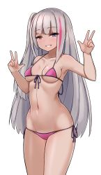 Rule 34 | 1girl, armpits, bare arms, bare shoulders, bikini, blue eyes, blush, breasts, breasts apart, collarbone, cowboy shot, double w, front-tie bikini top, front-tie top, girls&#039; frontline, grin, groin, half-closed eyes, halterneck, hands up, heterochromia, highres, legs apart, long hair, looking at viewer, lowleg, lowleg bikini, manme, mdr (girls&#039; frontline), micro bikini, multicolored hair, navel, one side up, pink hair, purple bikini, purple eyes, side-tie bikini bottom, sidelocks, silver hair, simple background, small breasts, smile, solo, standing, stomach, streaked hair, swimsuit, teeth, thighs, w, white background