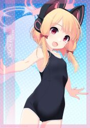 Rule 34 | 1girl, animal ear headphones, animal ears, artist name, blonde hair, blue archive, blue background, bow, breasts, cat ear headphones, character name, cowboy shot, fake animal ears, gradient background, hair bow, halo, headphones, highres, inaba shiki, looking at viewer, momoi (blue archive), one-piece swimsuit, outstretched arms, parted bangs, polka dot, polka dot background, red eyes, school swimsuit, short hair, short hair with long locks, small breasts, solo, standing, swimsuit